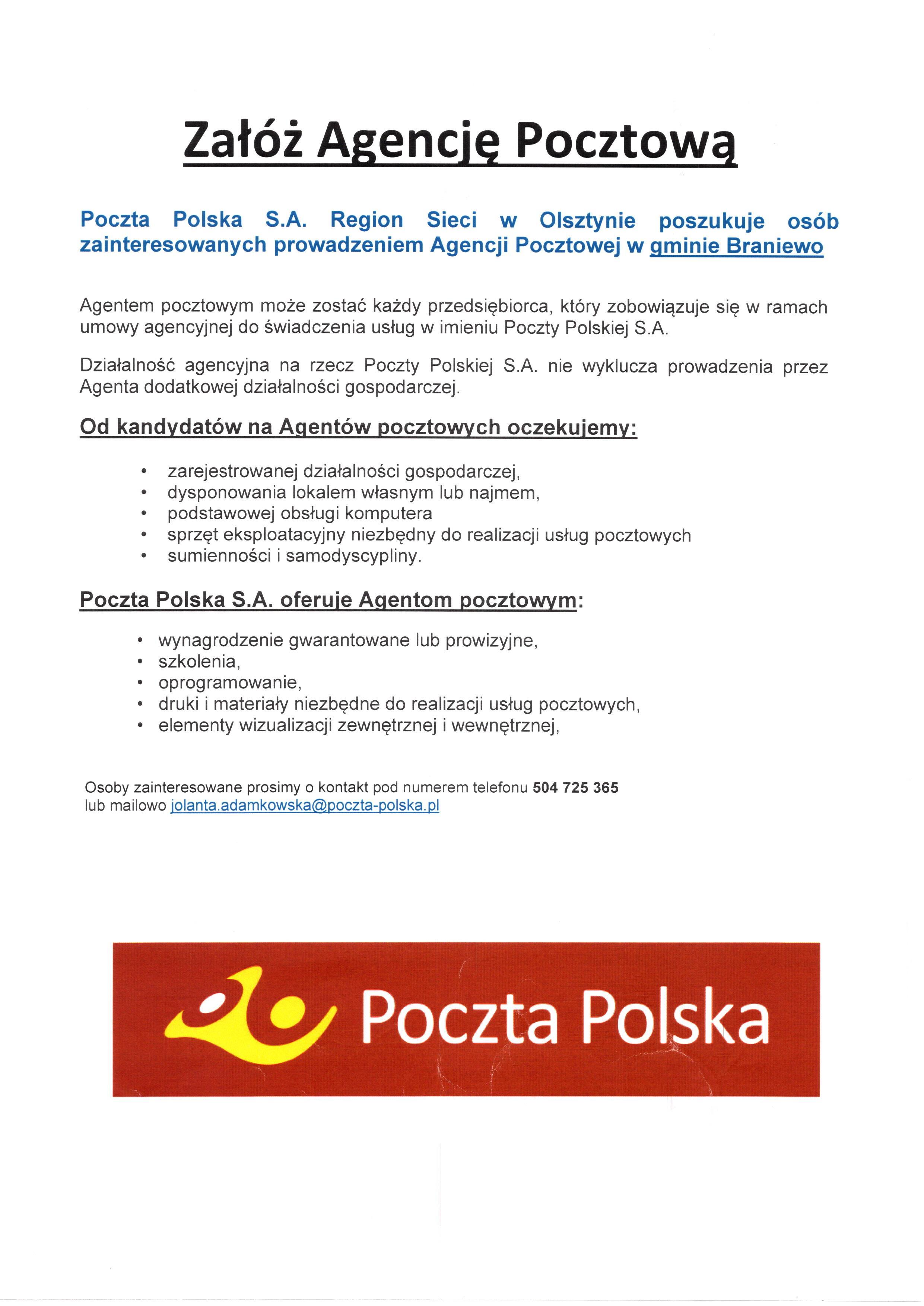 Poczta Polska poszukuje osób zainteresowanych prowadzeniem Agencji pocztowej na terenie Gminy Braniewo